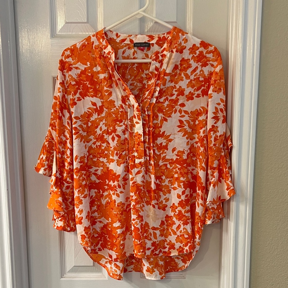 Vince Camuto White & Orange Floral Split-Neck Blouse